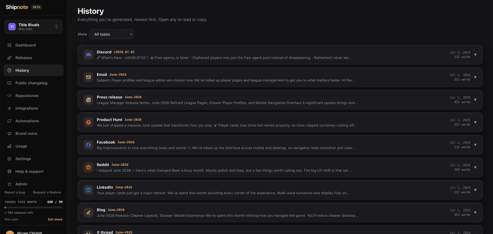 Shipnote — Generation history