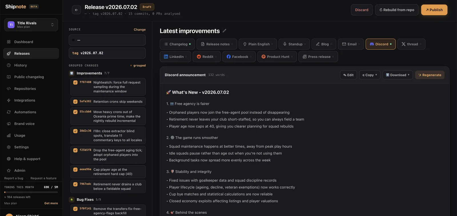 Shipnote — Release editor